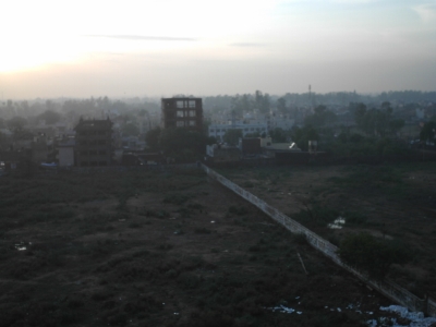 late afternoon view. empty field, squatters are camouflaged. hot. wet.